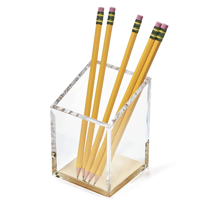 OfficeGoods Acrylic Pen & Pencil Holder - Modern Trapezoid Design - Beautiful Desk Organizer for Home or Office - Contrasting Metal Base - 3" Square w/ 3.5" Front & 4.5" Back - Gold - Image 4